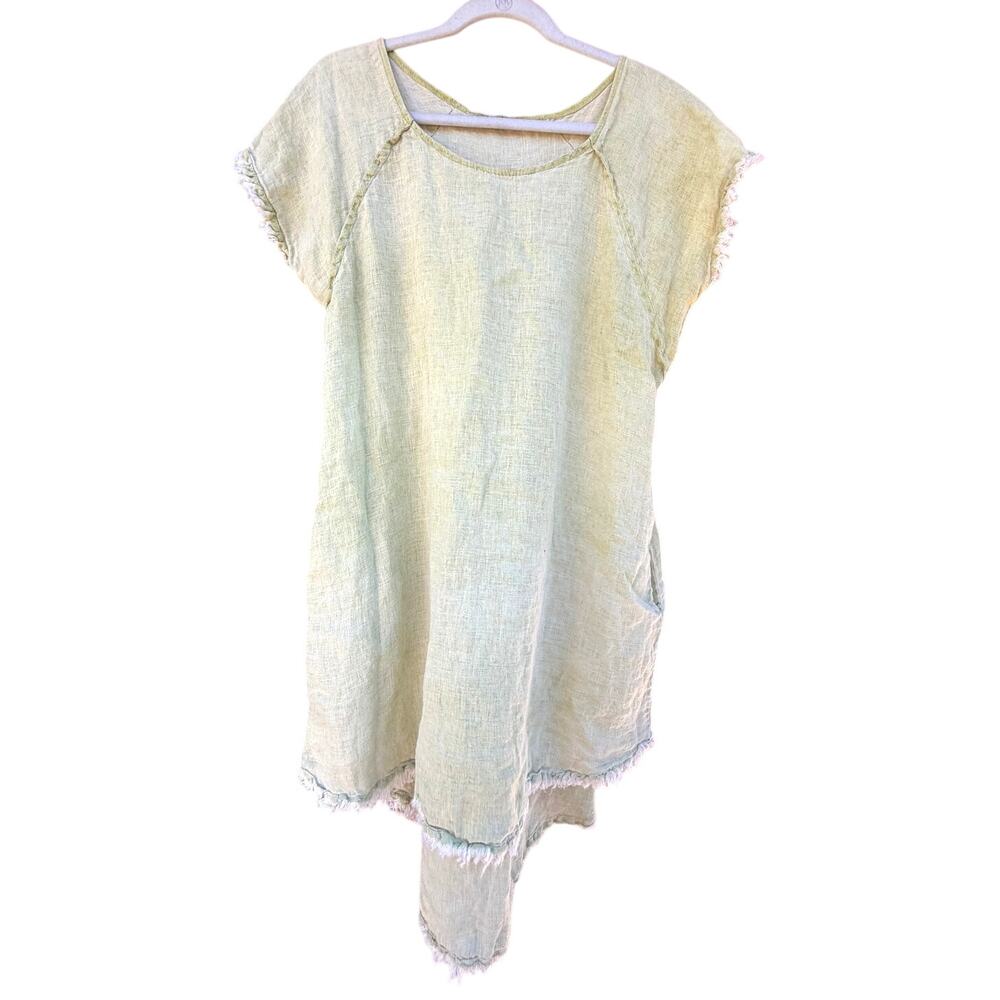 Meo Meli Italian Linen SS Tunic Dress Light Green Pockets OSFM Lagenlook